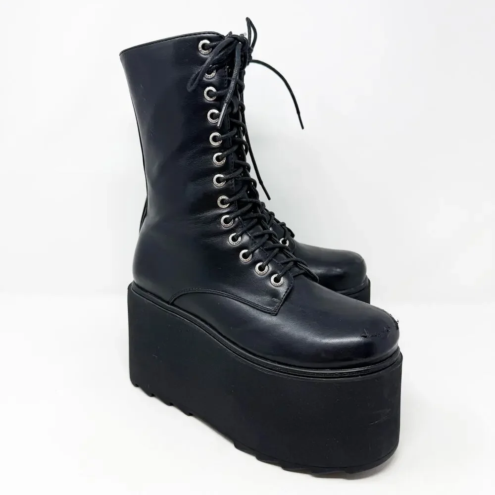 Lamoda Black Faux Leather Chunky Platform Goth Combat Boots 4UK Lace Up/Side Zip